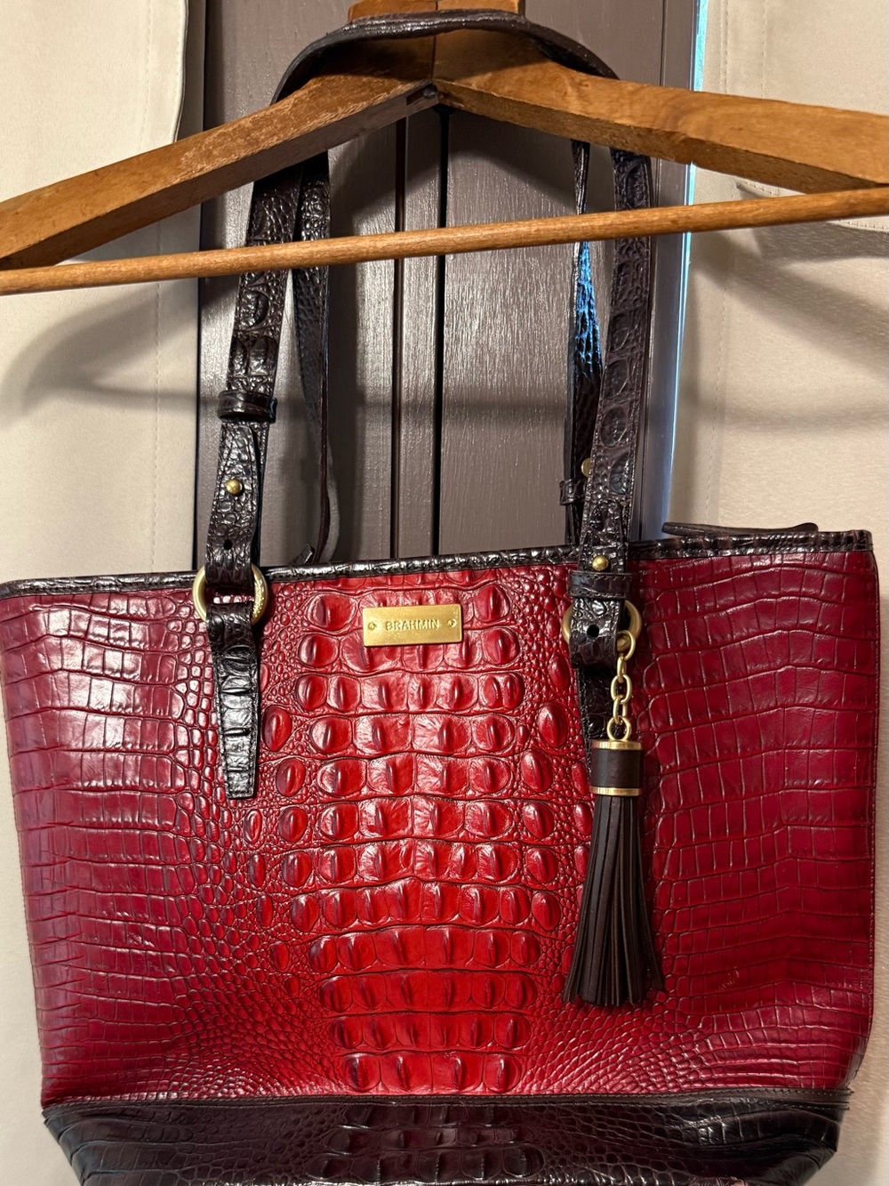 Brahmin Red and Dark Brown Croc-Embossed Leather Tote with Tassel Charm